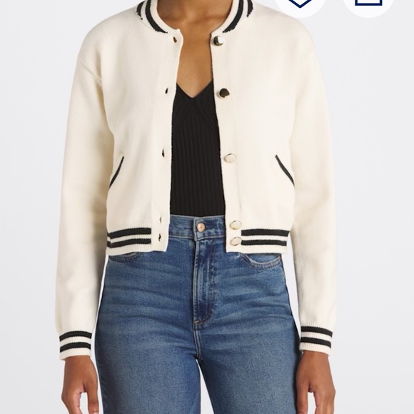 Vigoss Cream Knit Bomber Jacket with Black Stripe Trim - Picture 4 of 4